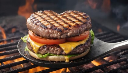 Heart-Shaped Beef Patty on Grilled Spatula - obrazy, fototapety, plakaty