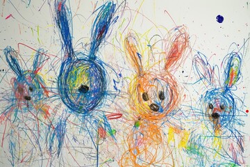 The hand drawing colourful picture of the group of the various type of the rabbit that has been drawn by a colored pencil or crayon on the white background that seem to be drawn by the child. AIGX01. - obrazy, fototapety, plakaty