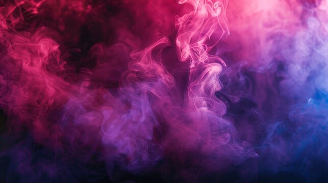 Group of vivid pink and purple colored smokes floating against a black backdrop, background, wallpaper