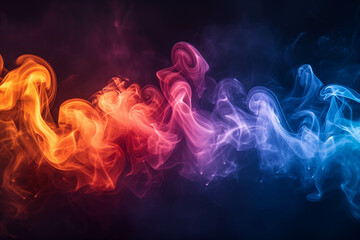 Vibrant smoke in rainbow hues creates abstract shapes against a dark background. - obrazy, fototapety, plakaty