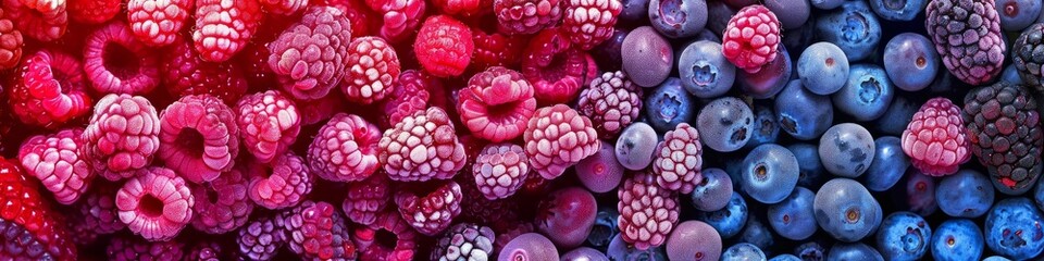 A colorful array of frozen berries displaying a natural gradient from red to blue, background, wallpaper, banner - obrazy, fototapety, plakaty