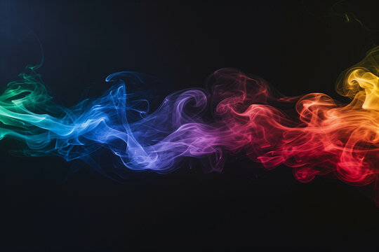 Vibrant smoke in rainbow hues creates abstract shapes against a dark background.