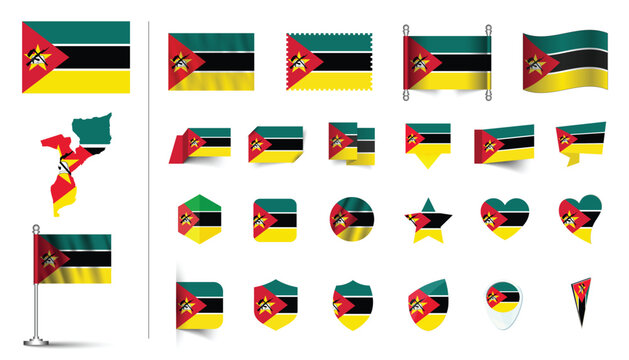 set of Mozambique flag, flat Icon set vector illustration. collection of national symbols on various objects and state signs. flag button, waving, 3d rendering symbols
