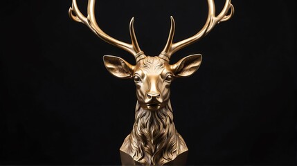 Gold deer statue on plain black background facing forward from Generative AI
