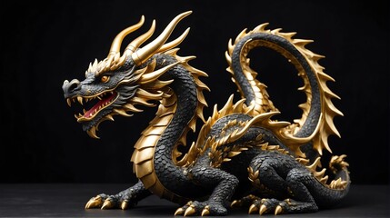 Gold dragon statue on plain black background facing forward from Generative AI