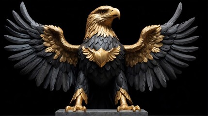 Gold eagle statue on plain black background facing forward from Generative AI