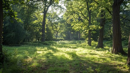 Fototapeta premium The tranquility of a forest glade bathed in dappled sunlight