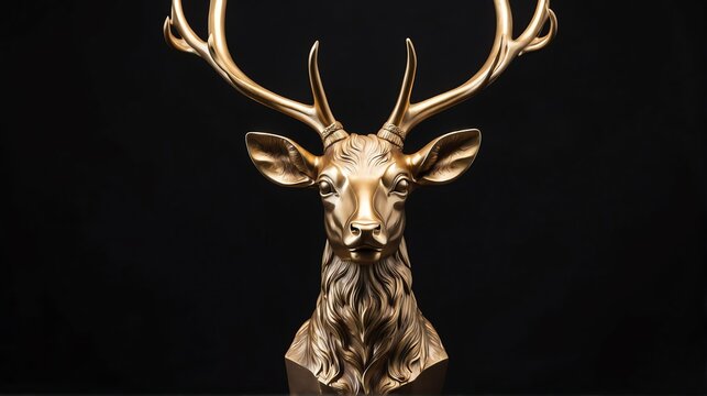 Gold deer statue on plain black background facing forward from Generative AI