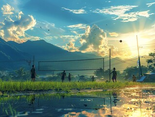 Volleyball match in a serene rice field, dynamic sports moment captured 3DCG,high resulution
