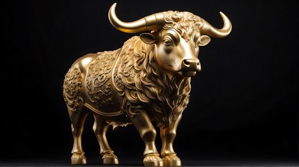 Gold ox statue on plain black background facing forward from Generative AI