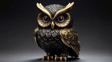 Türaufkleber Gold owl statue on plain black background facing forward from Generative AI © Arceli