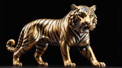 Fototapeta premium Gold tiger statue on plain black background facing forward from Generative AI