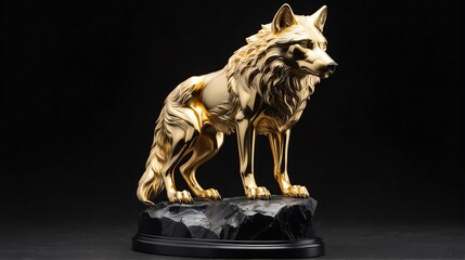 Gold wolf statue on plain black background facing forward from Generative AI