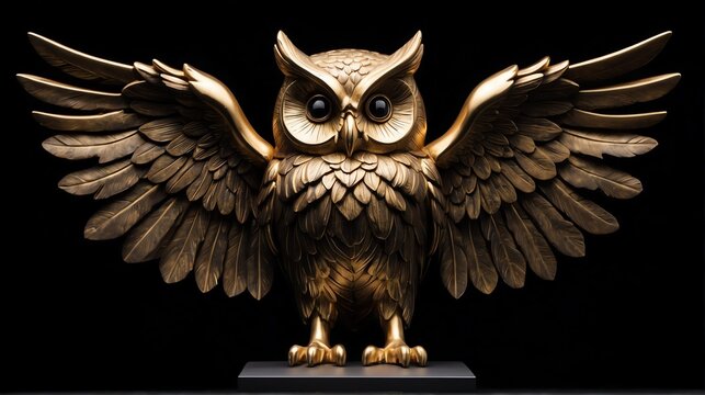Gold owl statue on plain black background facing forward from Generative AI