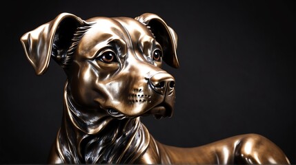 Obraz premium Shiny bronze dog statue on plain black background facing forward from Generative AI