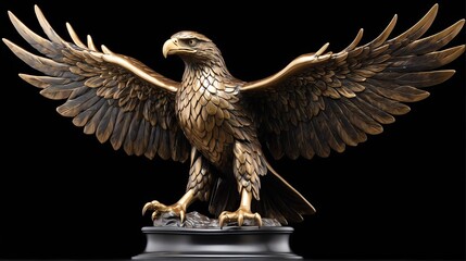 Shiny bronze eagle statue on plain black background facing forward from Generative AI - obrazy, fototapety, plakaty