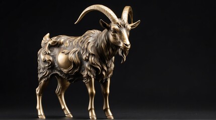 Obraz premium Shiny bronze goat statue on plain black background facing forward from Generative AI