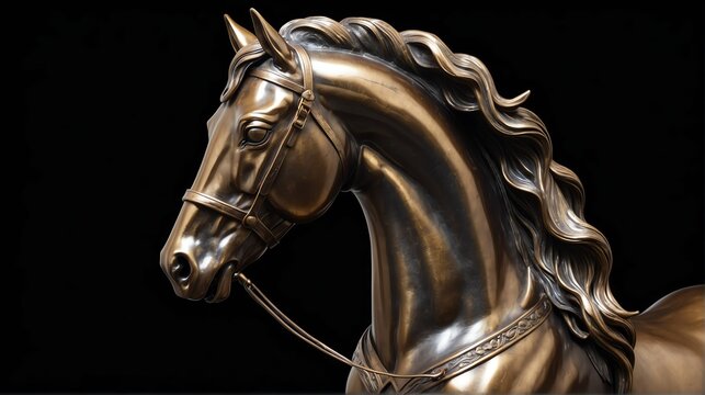 Shiny bronze horse statue on plain black background facing forward from Generative AI