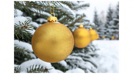 Fototapeta na wymiar A gold ornament hangs from a tree branch. The tree is covered in snow. The ornament is the center of attention and is surrounded by other ornaments. The scene is festive and joyful
