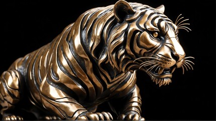 Shiny bronze tiger statue on plain black background facing forward from Generative AI