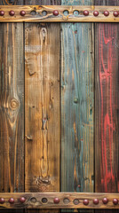 A wooden frame with a red, blue, and brown stripe. The frame is made of wood and has a rustic look