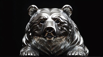 Shiny silver bear statue on plain black background facing forward from Generative AI