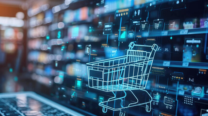 Digital shopping cart and icons on a tech background - A conceptual image with a wireframe shopping cart and various shopping icons on a technology-themed background - obrazy, fototapety, plakaty