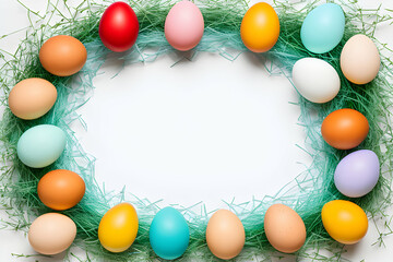 Fototapeta na wymiar Colorful Egg Frame, White Background And Copy Space Area