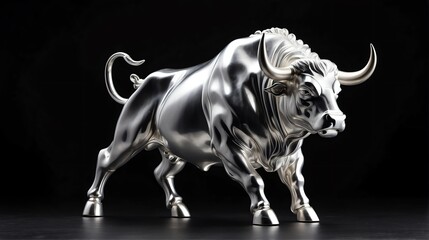 Shiny silver bull statue on plain black background facing forward from Generative AI