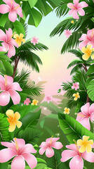A tropical scene with pink and yellow flowers and green leaves