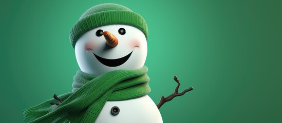 A fictional character resembling a snowman, wearing a green hat and scarf, is smiling happily. The...