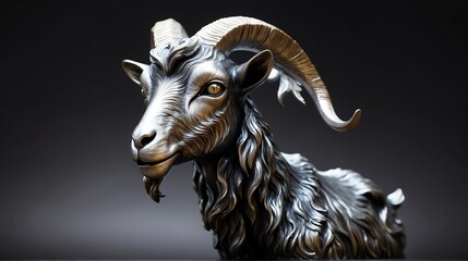 Shiny silver goat statue on plain black background facing forward from Generative AI