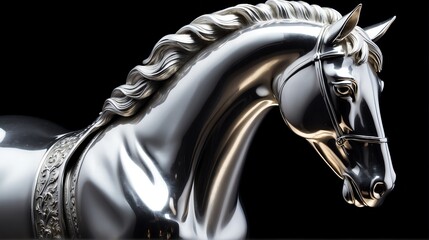 Shiny silver horse statue on plain black background facing forward from Generative AI
