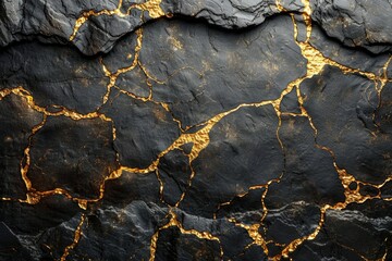 A close up of a rock with intricate gold paint designs, set against a black wall and shimmering gold background.