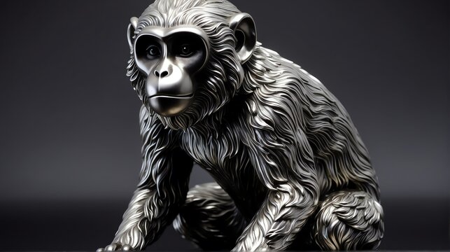 Shiny silver monkey statue on plain black background facing forward from Generative AI
