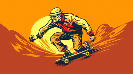 Active and dynamic retro skateboard logo. Image for a t-shirt. Hipster style. Generative AI