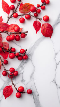 A close up of red berries on a white background. The berries are arranged in a way that they look like they are growing out of a leaf. The image has a warm and inviting feeling