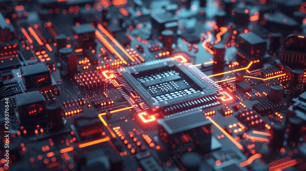 Poster vibrant cyberpunk ai: 3d illustration of intricate circuit board, evoking futuristic technology back