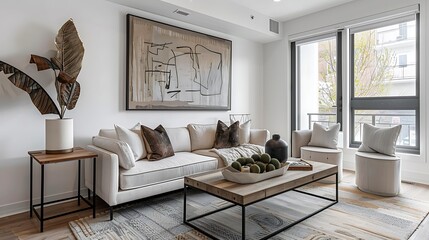 A modern living room with a sofa table and artwork on the wall