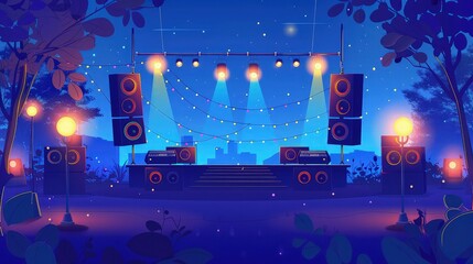 A vibrant music background illuminated by spotlights, featuring a grand piano and saxophone set...