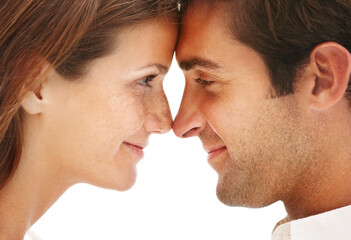 Happy couple, nose touch and bonding together for love and care on honeymoon with romance. Man,...