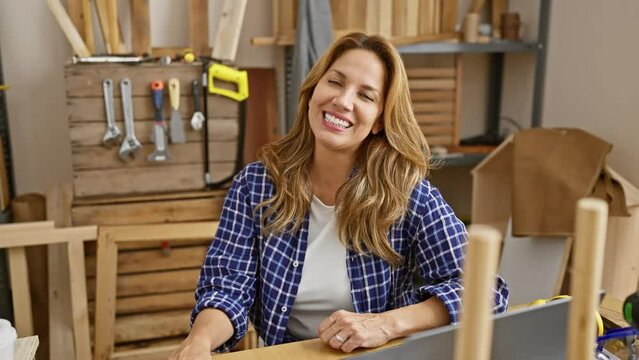 Cheeky carpentry caper, young beautiful latin woman making a crazy fish face gesture, sitting at the table. a comical expression that's bundles of fun!