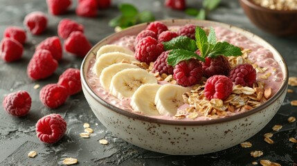 A bowl filled with oatmeal topped with fresh raspberries and sliced bananas
