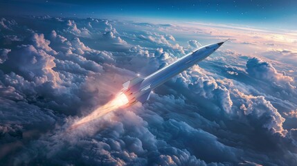 Hypersonic missile. A combat rocket is flying above the clouds.