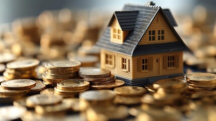 toy house with gold coins, real estate and house market investing concept, profit and ROI, Generative Ai - 769377290