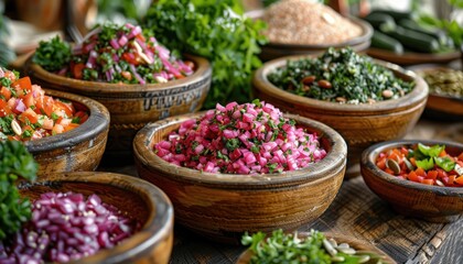 Fototapeta premium Wooden bowls filled with various types of vegetables on a table