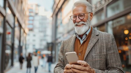 Bearded man with glasses using smartphone - obrazy, fototapety, plakaty