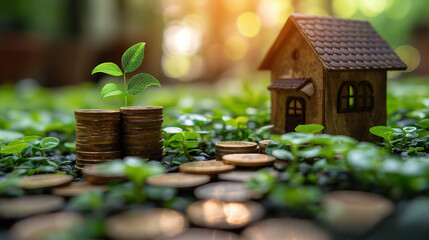 toy house with tree sprout growing on stack of gold coins, real estate and house market investing concept, profit and ROI, Generative Ai - 769377636