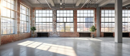 Spacious empty room designed in loft style with large windows