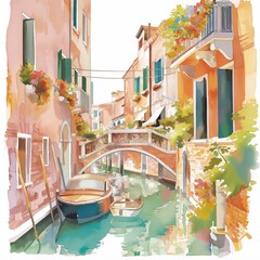 Fototapeta na wymiar Watercolor illustration of Venetian historic, narrow canal lined with stone Italian houses. Soft colors pallet hand painted watercolor.
